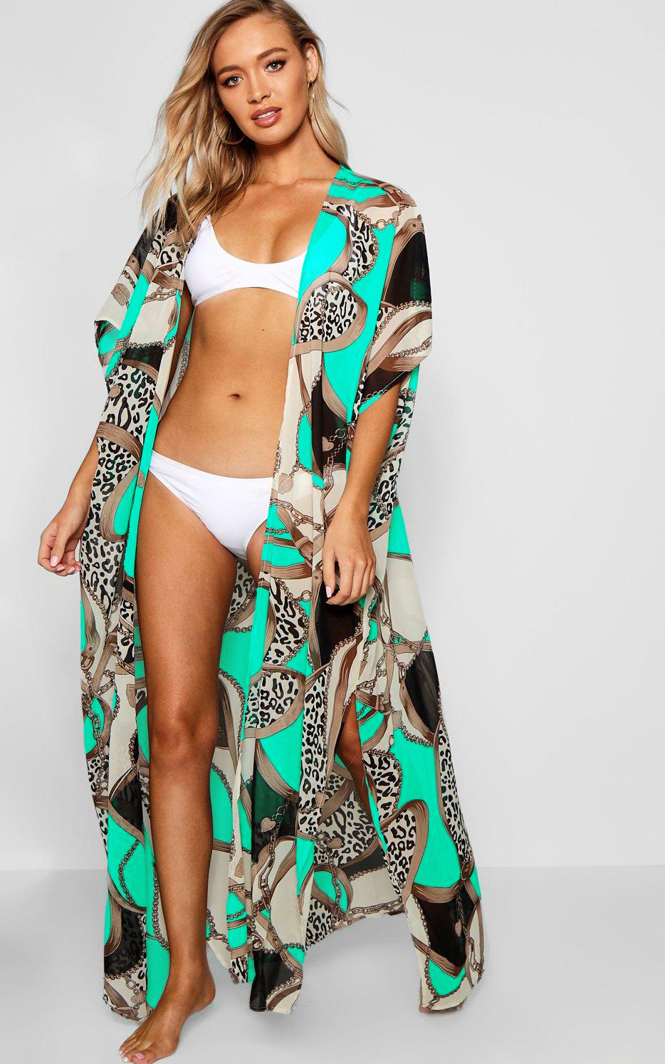 F4758 Boohoo Chain Print Maxi Beach Kimono Femme blue